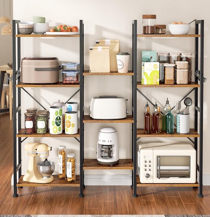 Furologee Triple 4 Tier Bookshelf, Bookcase with 11 Open Display Shelves, Wood and Metal Shelf Storage Organizer,Industrial Wide Shelving Unit for Living Room,Home Office,Rustic Brown
