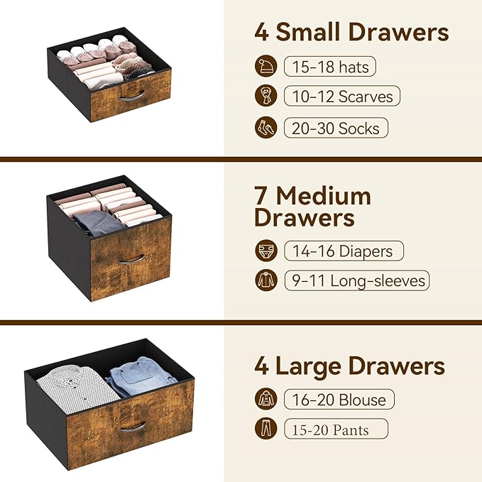 GarveeHome 15 Drawers Dressers, Chest of Drawers with Wood Tabletop, Metal Frame, Storage Organizer Unit with Fabric, Tall Dressers for Bedroom Living Room Hallway Entryway, Rustic Brown