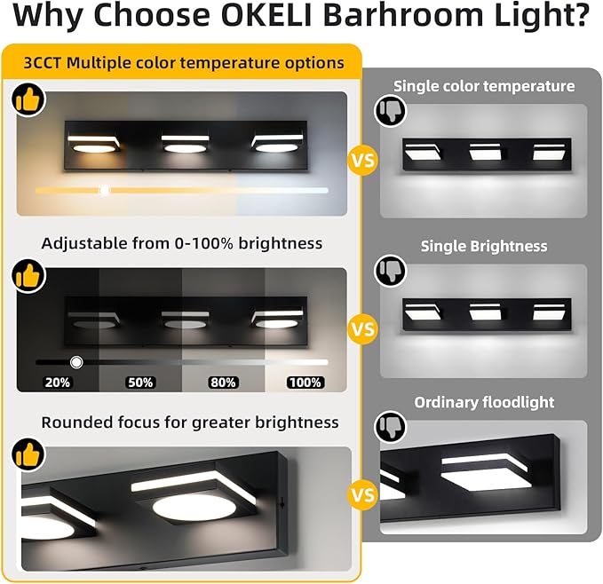 OKELI Bathroom Light Fixtures, Matte Black Vanity Light Modern LED Acrylic Lighting Fixtures, Bathroom Accessories Dimmer Lamps, 3CCT, 22-inch