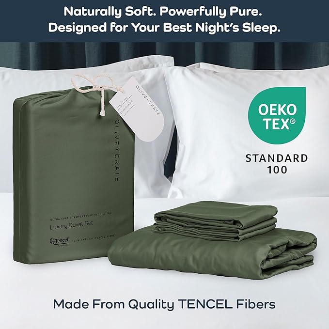 Olive + Crate Tencel Eucalyptus Cooling Duvet Cover Set - Hypoallergenic, Lyocell Tencel Duvet Cover - Soft, Temperature Regulating with Hidden Button Closure & Corner Ties - King Size [Moss]