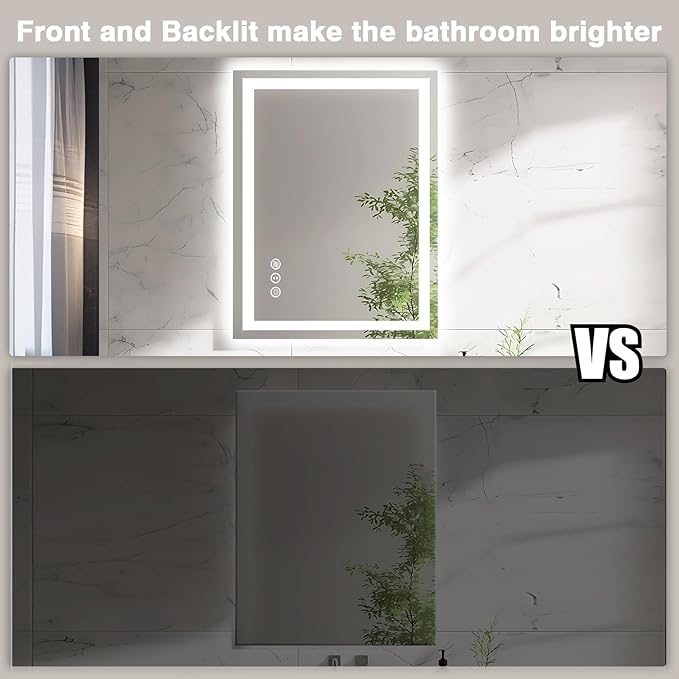 20"x28" LED Bathroom Mirrors for Wall, Front and Backlit Mirror, Anti-Fog Vanity Mirror with Lights, Stepless 3 Colors Dimmable Smart Lighted Mirror(Horizontal/Vertical)