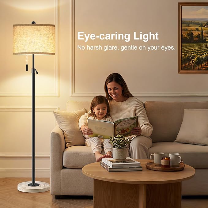 Floor Lamp for Living Room - Adjustable Height Standing Lamp with Marble Base & Linen Shade - Tall Pole Floor Light with 3 Color Temperatures Bulb for Bedroom, Reading - Easy Assembly
