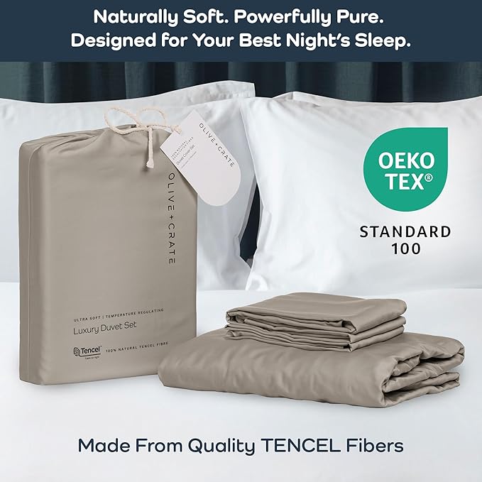 Olive + Crate Tencel Eucalyptus Cooling Duvet Cover Set - Hypoallergenic, Lyocell Tencel Duvet Cover - Temperature Regulating with Hidden Button Closure & Corner Ties - Queen Size [Taupe Sand]