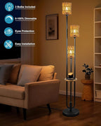 Lightdot Dimmable Boho Floor Lamps for Living Room, 3-Lights Rattan Floor Lamp with Shelves, 3000K Farmhouse Floor Lamp, Rustic Black Standing Lamp with Bulbs Included/Sofa Beside/Corner Decor