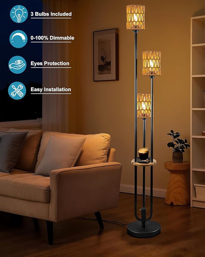 Lightdot Dimmable Boho Floor Lamps for Living Room, 3-Lights Rattan Floor Lamp with Shelves, 3000K Farmhouse Floor Lamp, Rustic Black Standing Lamp with Bulbs Included/Sofa Beside/Corner Decor