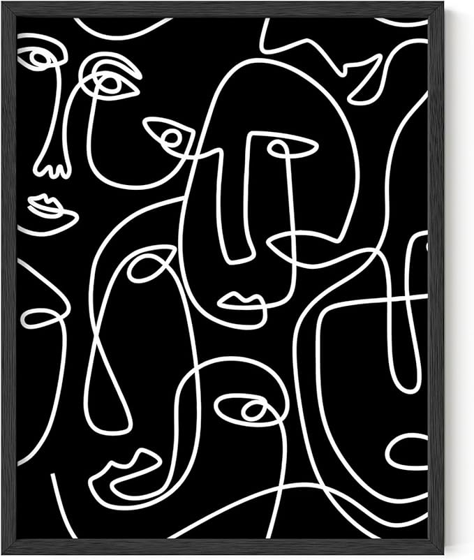 Y2K BOO Abstract Face Pattern UNFRAMED Wall Art Black Background White Continuous Line Drawing 11x14 Inch Heavyweight Paper Studio Home Decor Print