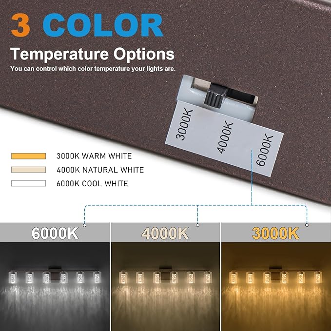 SineRise 6-Light Bronze Vanity Light with 3 Color Modes (3000K/4000K/6000K), Eye Protection LED Bathroom Light Fixture, Dimmable Modern Wall Light Over Mirror with Clear Glass Shade