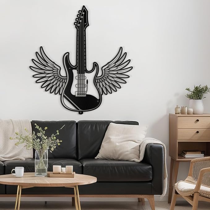 SIGNLEADER Metal Wall Art Decor - Electric Guitar with Wing Minimalist Modern Abstract Wall Sculpture Hanging Home Decoration for Living Room, Bedroom, Bathroom, Kitchen, Studio, Outdoor - 18" Black
