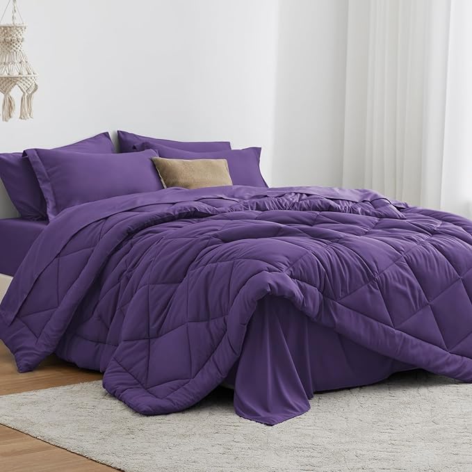 Love's cabin Twin Comforter Set Purple, 5 Pieces Twin Bed in a Bag, All Season Bedding Sets with 1 Comforter, 1 Flat Sheet, 1 Fitted Sheet, 1 Pillowcase and 1 Pillow Sham