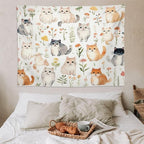 VUMIVI Cute Cat Tapestry Cartoon Pets Flowers Mushrooms Butterflies Watercolor Illustrations Tapestry Wall Hanging for Living Room Bedroom Dorm Classroom Aesthetic Decor W80xL60in