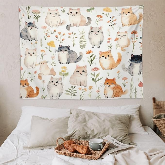 VUMIVI Cute Cat Tapestry Cartoon Pets Flowers Mushrooms Butterflies Watercolor Illustrations Tapestry Wall Hanging for Living Room Bedroom Dorm Classroom Aesthetic Decor W80xL60in