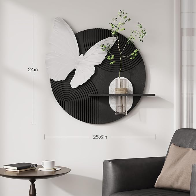 Troartos 3D Textured Black and White Wall Art for Living Room, Modern Minimalist Butterfly with Vase Artwork for Walls, Geometric Round Sandstone Wall Decor for Bedroom, Hallway, Dining Room, Office