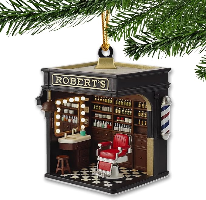 Personalized Barbershop Christmas Ornament, Custom Name Barber Shop Holiday Decor, Acrylic Flat Ornament Gift for Hairdresser & Stylist