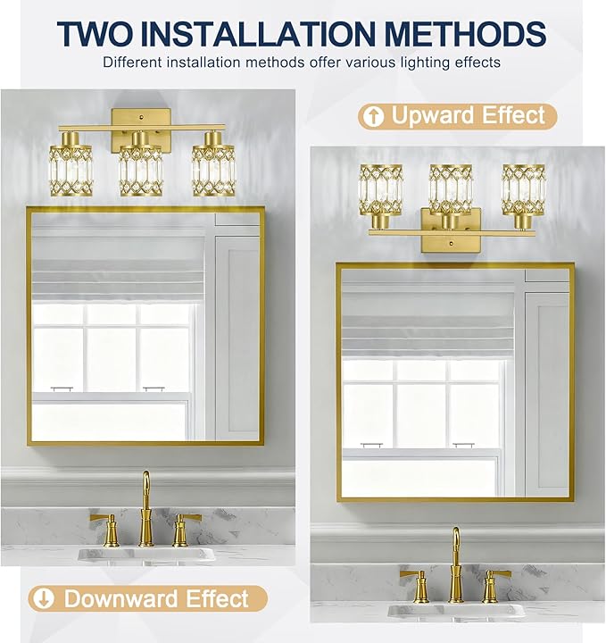 Crystal Modern Bathroom Light Fixtures, 3-Light Brushed Gold Bathroom Vanity Wall Light, Vanity Lights for Mirror, Restroom, Bedroom (E26 Socket, Bulbs Not Included)