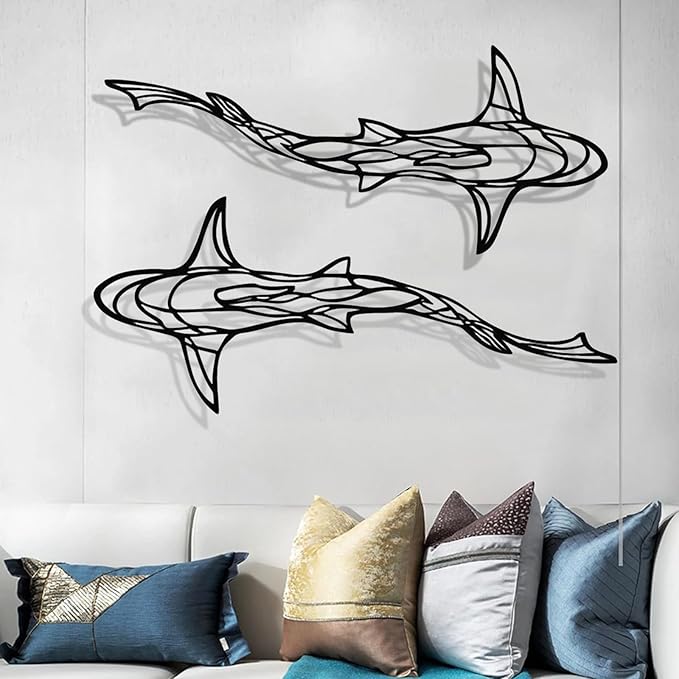 GDSPD Large 3D Metal Shark Wall Decor, Shark Line Wall Art, Metal Wall Art Decor, Metal Shark Sculpture, Ocean Fish Wall Hanging Shark Metal Wall Decor Art Wall Decorations for Living Room Bedroom (2 Pcs (Black))