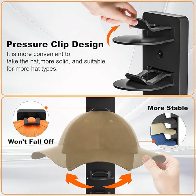 1 Pack Hat Organizer for Baseball Caps, Hat Rack for Wall Hold Up 8 Hats, Strong Adhesive & Screw-in Cap Holder hat hangers for Closet Door & Bedroom (Black-1Pack)
