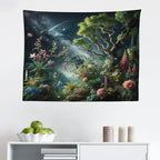 Ambesonne Aesthetic Tapestry, Exotic Forest of Twilight with Trees Bushes and Flowers Falling Stars, Fabric Wall Hanging Decor for Bedroom Living Room Dorm, 28" X 23", Green Dark Night Blue