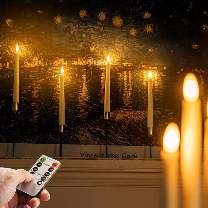 Homemory 2 Pcs Waxy Flameless Taper Candles with Remote, Flickering Battery Operated Taper Candle, Led Flameless Candlesticks Classic Tall Candles for Home, Wedding, Party, Ivory, 9.6 inches