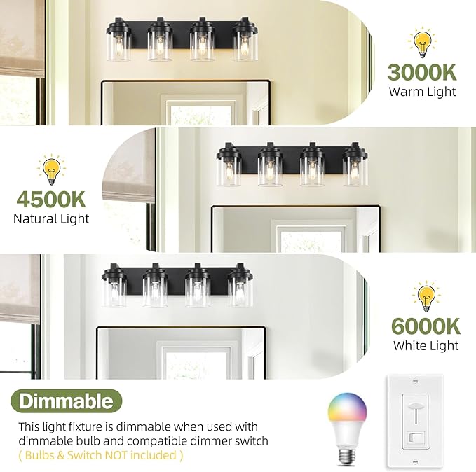 Bathroom Vanity Light, 4 Light Black Vanity Lights with Clear Glass Shade, Farmhouse Bathroom Vanity Lighting Fixtures Over Mirror for Living Room,E26