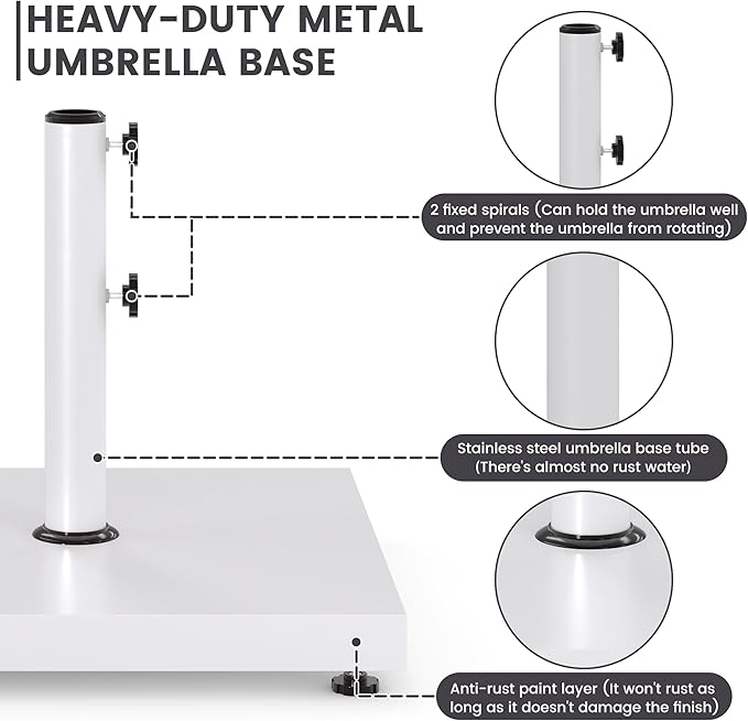 Sundale Outdoor Umbrella Base 42lbs with Stainless Steel Umbrella Tube, Heavy Duty Square Metal Built-in Cement Umbrella Stand, White