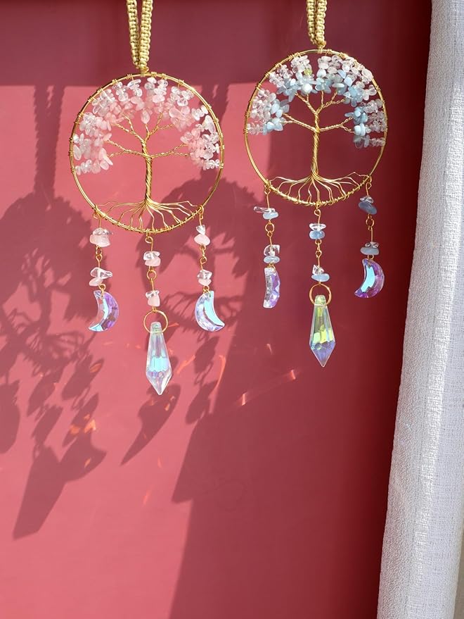 CrystalTears Crystal Tree Life Hanging Ornament Handmade Aquamarine Clear Quartz Healing Crystal Gemstone Glass Suncatcher for Home Window Wall Decoration Crystal Gifts for Women Men Friends