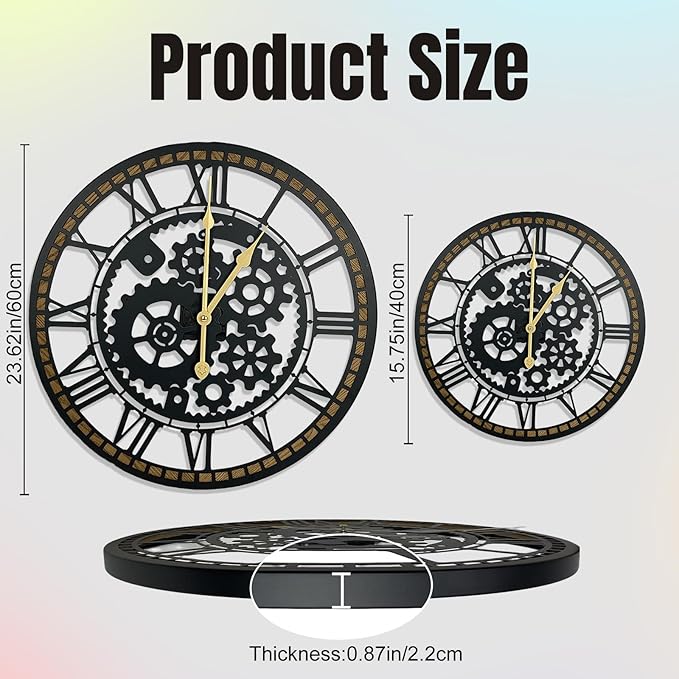 24 Inch Wall Clock, Gear Clock, Silent Non Ticking, Battery Operated Large Wall Clocks for Living Room Decor, Kitchen, Office (Vintage Industrial Steampunk)