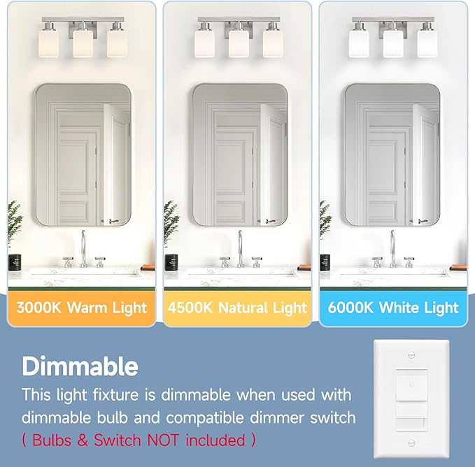 3-Light Bathroom Vanity Light,Brushed Nickel Vanity Lights with Square Frosted Glass,Modern Bathroom Wall Lights Fixtures Over Mirror,Wall Sconces Lighting for Bedroom Living Room,E26