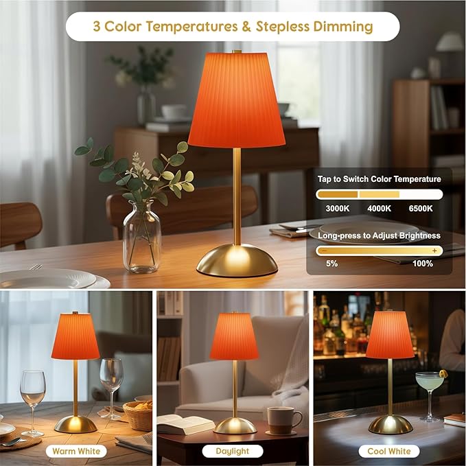 Set of 2 Cordless Table Lamps Rechargeable, 3CCT & Stepless Dimming, LED Wireless Outdoor Table Lamp with Touch Activation for Tabletop Bedside Patio, 4.5" W x 11.5" H (Tangerine Orange)