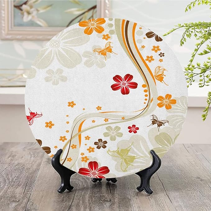 Decorative Plates, Floral Print Ornament, Swirling Florets Fragrance Botanical Beauty with Wavy, 8 Inch, 1 Plate with 1 Display Stand, Multicolor