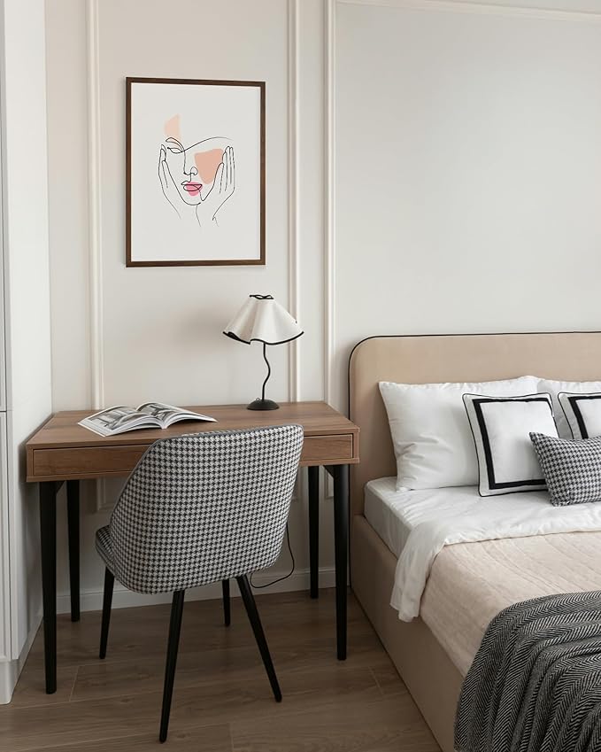 Aesthetic Face Wall Art Hands on Cheeks Continuous Line Drawing Abstract Pink Shapes 12x16 Inch Oak Wood Walnut Framed Modern Portrait for Bedroom Vanity