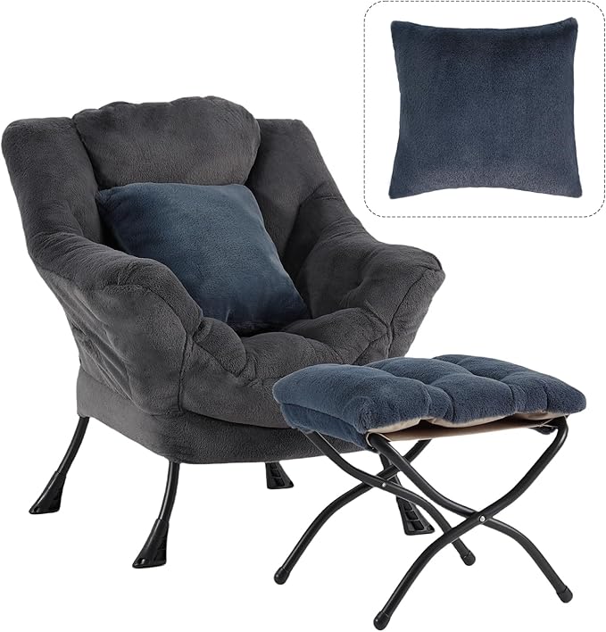 Lazy Chair with Ottoman, Large Blue Gray Lounge Accent Chair with Ottoman and FA Throw Pillow, Comfy Plush Reading Chair for Living Room Bedroom Dorm Room Office Apartment Relaxing Use