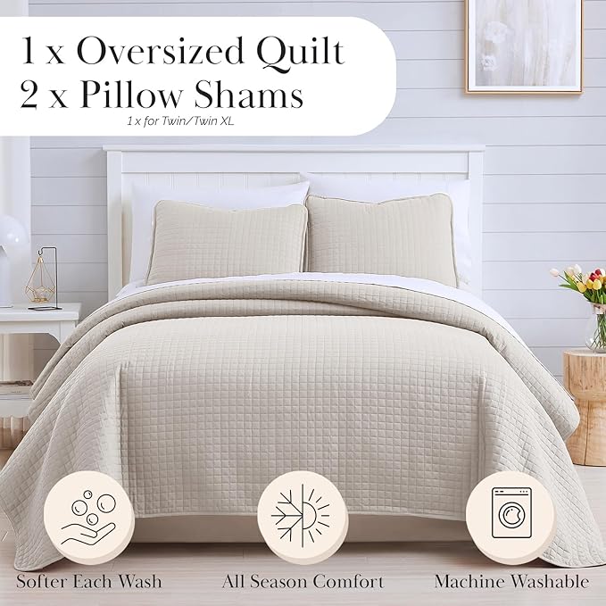 Southshore Fine Living, Inc. King Quilt Bedding Set, Quilted Comforter, Coverlet Bed Spread for California Kings, Luxury Bedding King Quilt Set, Lightweight Quilted Bedspread w/Shams, Bone (Pack of 2)