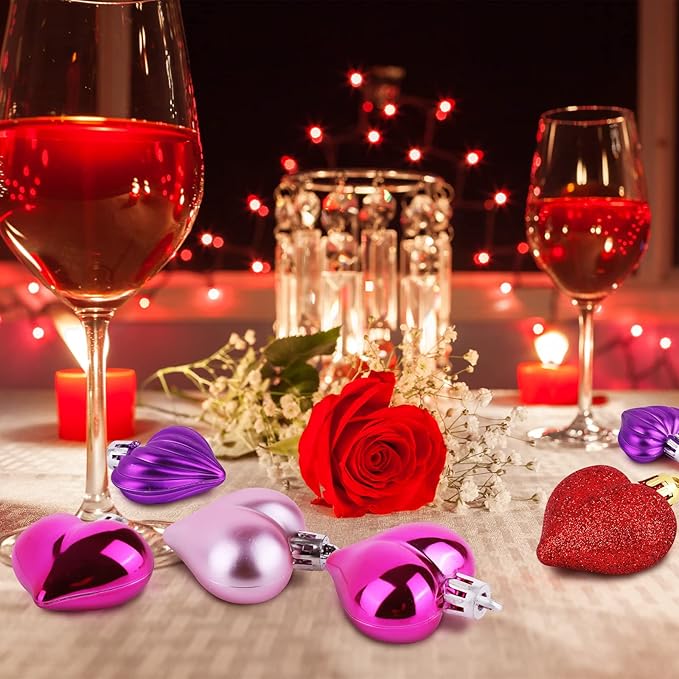 Elcoho 48 Pieces Valentine's Day Heart Shaped Baubles Hanging Heart Ornaments Valentines Tree Decorations for Valentines Day Ornaments Party Wedding Anniversary Decor, Red, Hot Pink, Pink, Purple