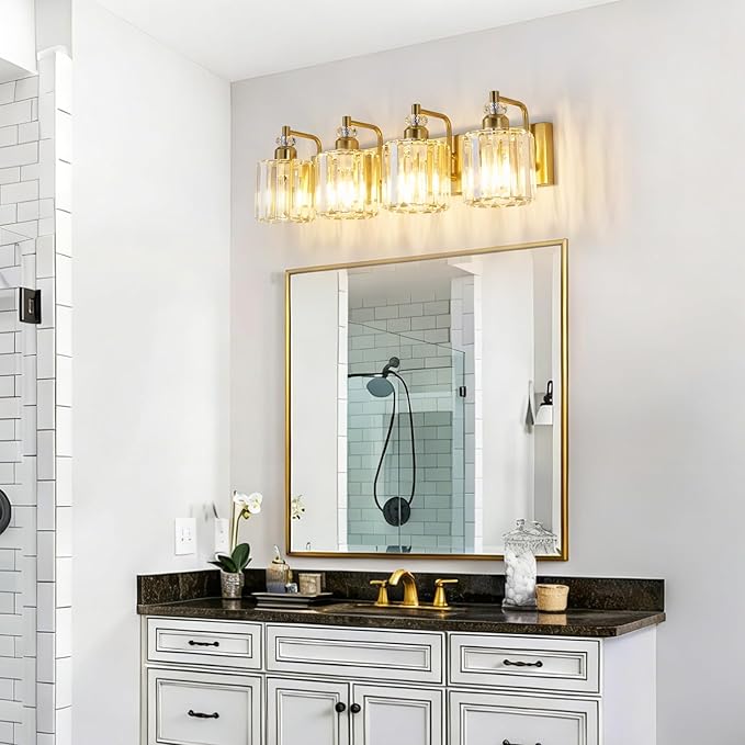 4-Light Modern Vanity Lights Brushed Brass Bathroom Light Fixtures Over Mirror Gold Bathroom Vanity Lighting with Crystal Shade E26 Base Wall Sconce for Bedroom Living Room Restroom Wall Lamp