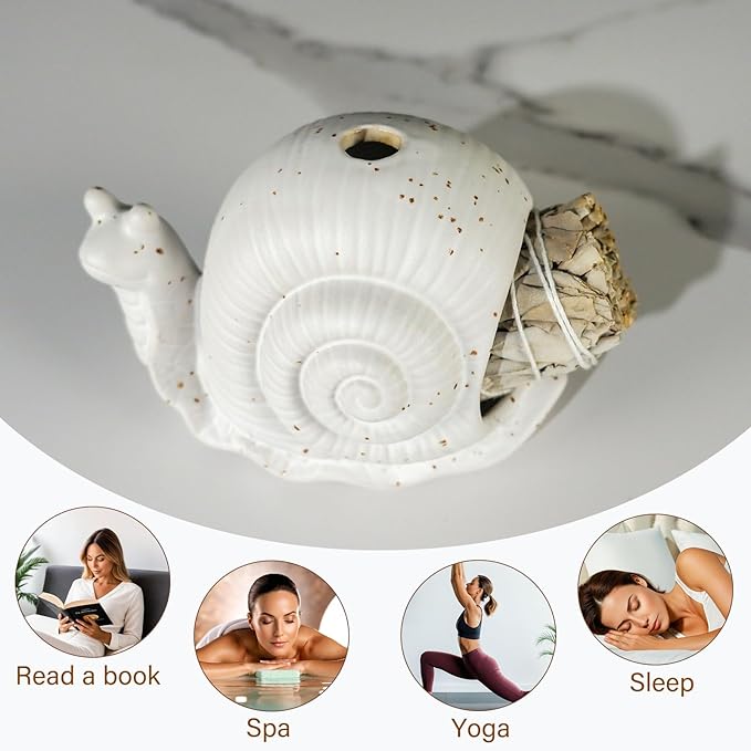White Ceramic Snail Palo Santo Holder & Modern Chiminea Incense Burner - Elegant Cone Burner for Palo Santo Sticks & Sage - Perfect for Energy Cleansing, Yoga, Meditation, Zen Decor, Altar