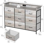 EXOTICA Dresser with Charge Station 9 Drawers Dresser for Bedroom with LED Lights Tall Wide Fabric Dressers & Chests of Drawers for Closet Hallway Entryway Sturdy Steel Frame Wood Top