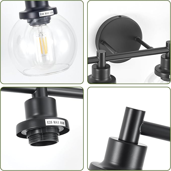 4-Light Bathroom Light Fixture Black Vanity Lights Over Mirror Modern Wall Sconce Farmhouse Vintage Bathroom Vanity Lighting with Glass Shade for Bedroom Hallway Cabinet Bathroom