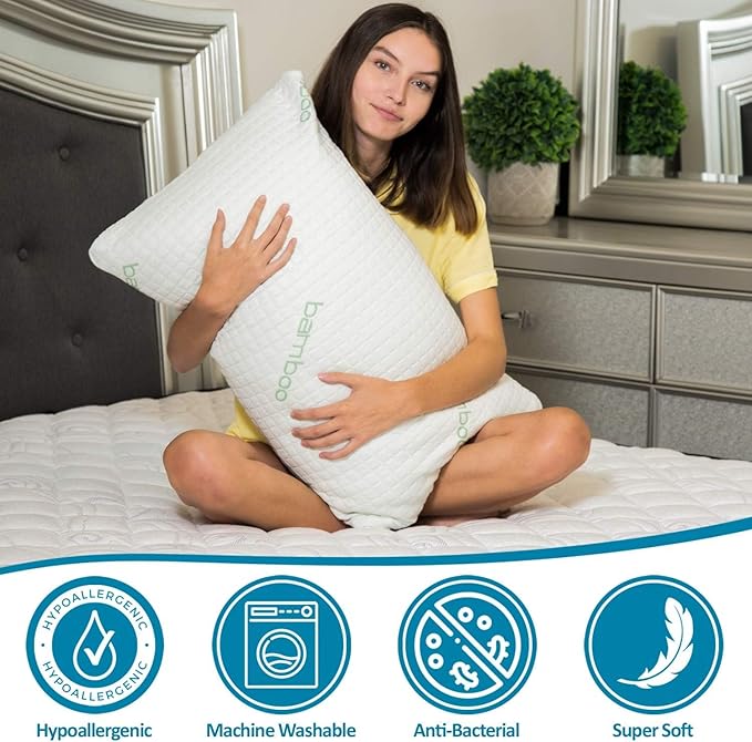 2 Pack Queen Size Rayon Derived from Bamboo Pillows, Cooling Shredded Memory Foam Pillow Sets for Sleeping for Back, Stomach, Side Sleepers, Adjustable,, Washable Cover, Queen (Pack of 2)