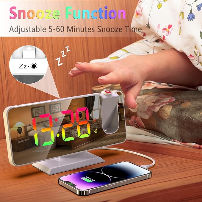 Projection Alarm Clock for Bedroom Ceiling, 180° Rotatable Projector 7.4” Mirror RGB Digital LED Display 12/24H, 5 Level Brightness Dimmer, Dual Alarm Clock (White)