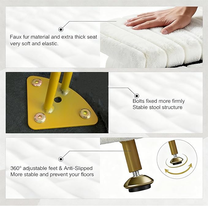 ACEQLYT® Small Foot Stool Ottoman with Storage, Foot Rest for Couch and Chair, White Faux Fur Storage Ottoman with Gold Metal Legs and Padded Seat