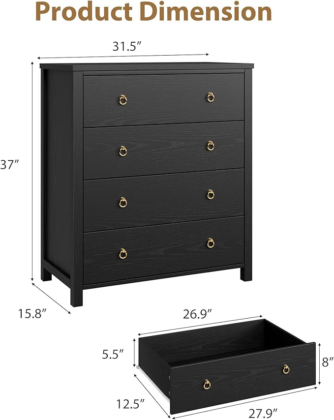 IDEALHOUSE Dresser for Bedroom, Chest of Dressers 37" Tall Dresser for Closet with 4 Drawers Chest with Clothes Storage Cabinet, Drawer Organizer for Bedroom, Living Room, Closet, Hallway, Black