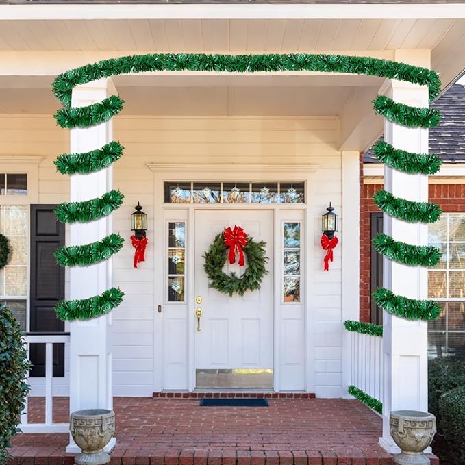 50Ft Green Christmas Garland Decorations,Xams Greenery Tinsel Stems Non-Lit Soft Twist Garland Decor for Tree Stairs Railing Front Door Mantle Fireplace Indoor Outdoor Holiday Home