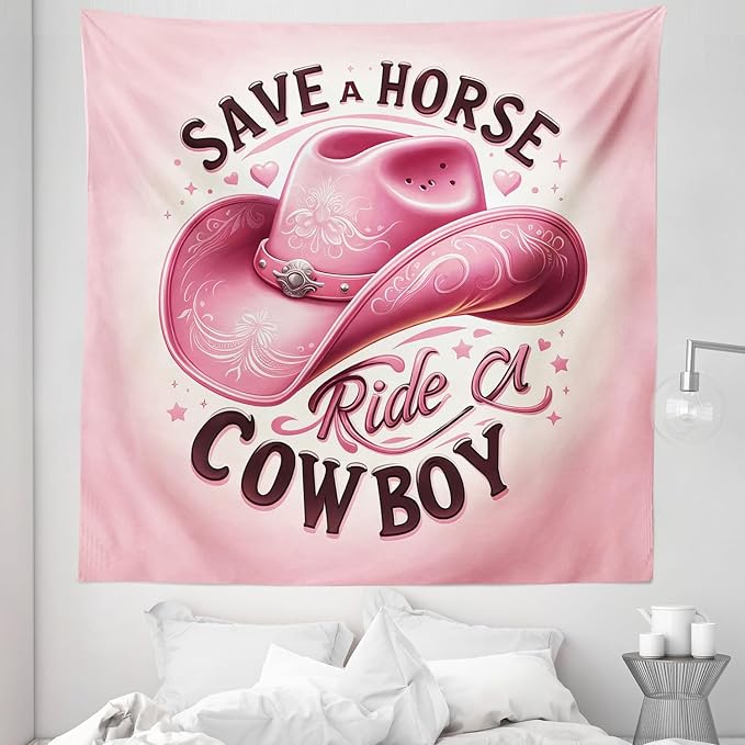 Ambesonne Funny Tapestry Queen Size, Humorous Feminine Design with Hat and Save a Horse Ride a Cowboy Lettering, Wall Hanging Bedspread Bed Cover Wall Decor, 88" X 88", Pink and Seal Brown