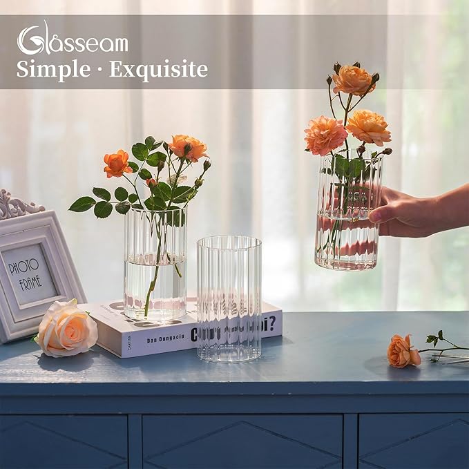 Glasseam Glass Pillar Candle Holder: Set of 12 Hurricane Candle Holders for Floating Candles Decorative Ribbed Vase for Flowers Cylinder Vases for Centerpieces Wedding Dining Table Thanksgiving 5.91’’