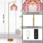 Pink Floor Lamp for Living Room,Bedroom,Glass Gold Dimmable Standing Lamp with Remote,Mid Century Modern Brass Tall Lamp Boho Floor Lamps Arc Stained Tulip Flower Floor Light Lamp Bohemian