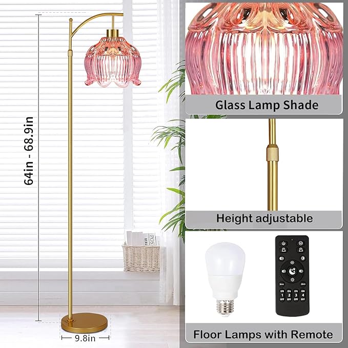 Pink Floor Lamp for Living Room,Bedroom,Glass Gold Dimmable Standing Lamp with Remote,Mid Century Modern Brass Tall Lamp Boho Floor Lamps Arc Stained Tulip Flower Floor Light Lamp Bohemian