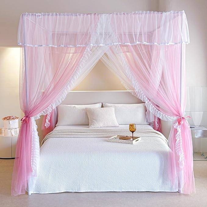 AIKASY 4 Corners Post Ruffle Princess Bed Canopy Curtain - Double Layer Cozy Drape Netting with 4 Openings - Elegant Mosquito Net for Girls and Adults Bedroom Decoration (Pink,Full)