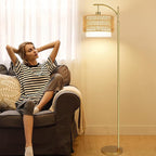 Gold Floor Lamps for Living Room Rattan Boho Floor Lamp with Remote Control & 3 Color Temperature, Dimmable Arc Floor Lamps Wicker Lamp Shades Brass Standing Lamp Tall Floor Lamp For Bedroom Corner