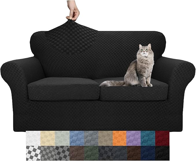 YEMYHOM Latest Checkered 3 Pieces Couch Covers for 2 Cushion Couch High Stretch Thickened Love Seat Sofa Cover for Dogs Pets Anti Slip Elastic Loveseat Slipcover Protector (Black), 55"-69"(2 CUSHIONS)