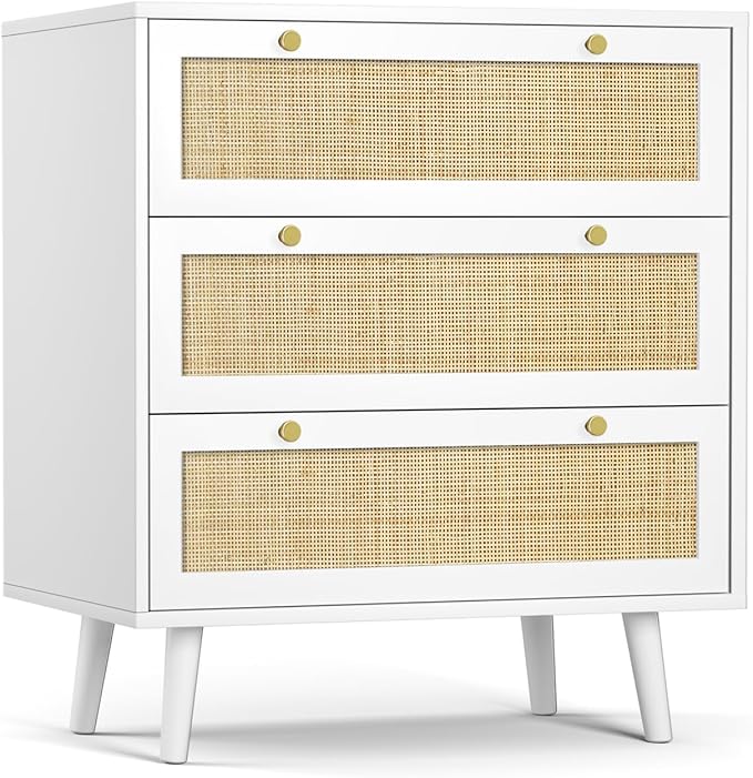 Anmytek White Dresser for Bedroom with 3 Drawers, Modern Wood 3 Drawer Dresser, White Chest of Drawer with Spacious Storage Rattan Dresser for Bedroom H0072